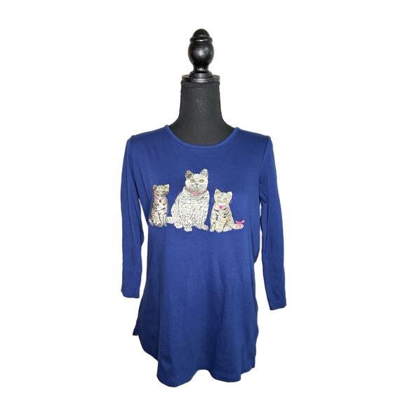 Quacker Factory Women’s Dark Blue Top with Embroidered Cats, Small, Pre-owned - Picture 1 of 6